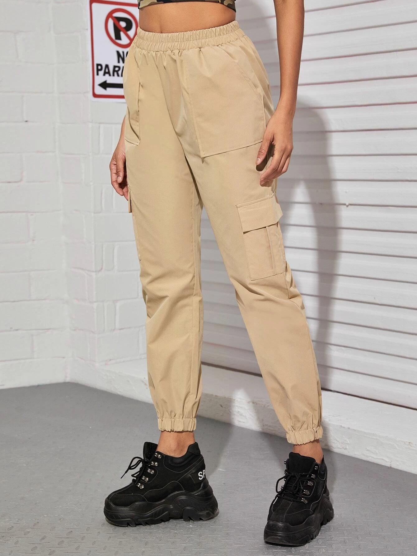 Flap Pocket Side Elastic Waist Cargo Pants Comfy Cargo Pants 6999