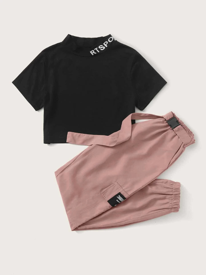 Mock Neck Tee And Belted Cargo Pants
