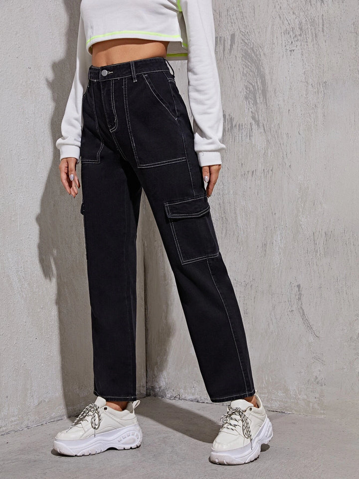 High Flap Pocket Whip Stitch Cargo Jeans