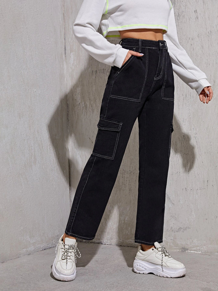 High Flap Pocket Whip Stitch Cargo Jeans