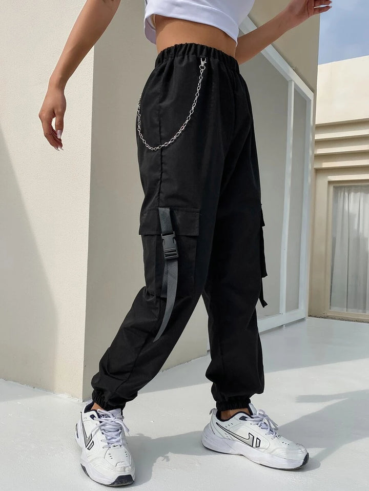 Flap Pocket Buckle Tape Cargo Pants With Chain