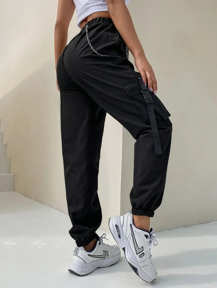 Flap Pocket Buckle Tape Cargo Pants With Chain