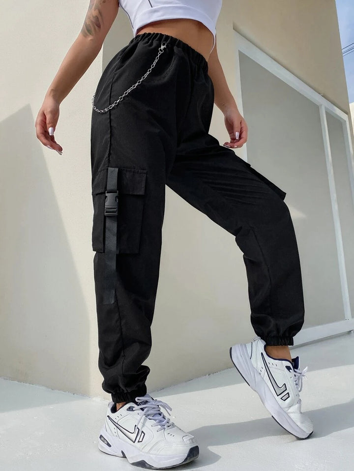 Flap Pocket Buckle Tape Cargo Pants With Chain