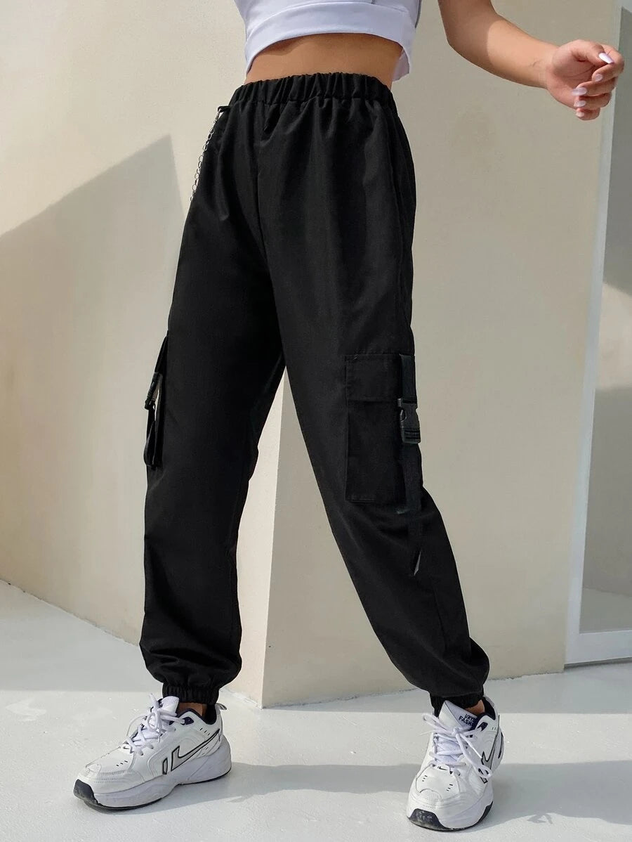 Flap Pocket Buckle Tape Cargo Pants With Chain