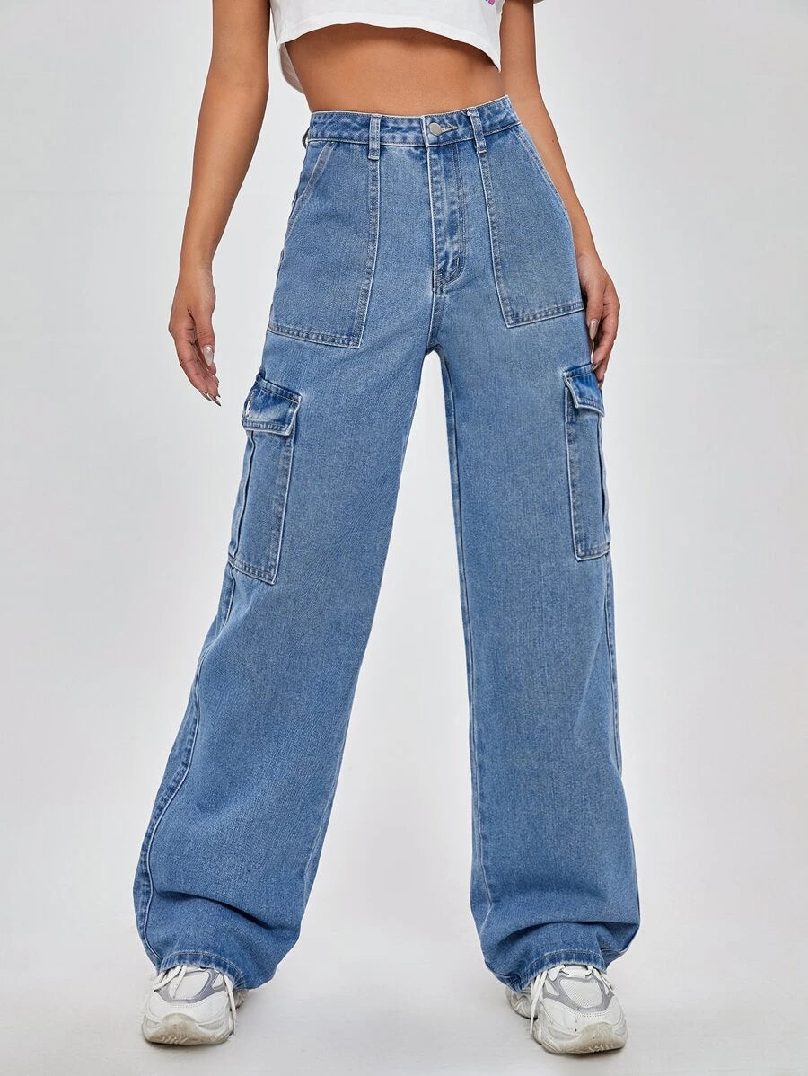 High Waist Flap Pocket Wide Leg Jeans