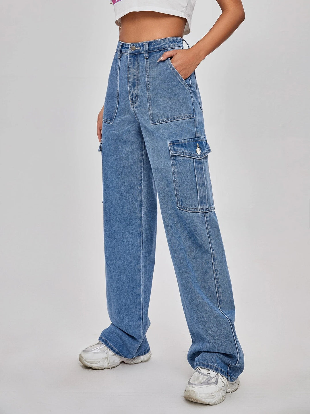 Flap Pocket Wide Bottom Jeans