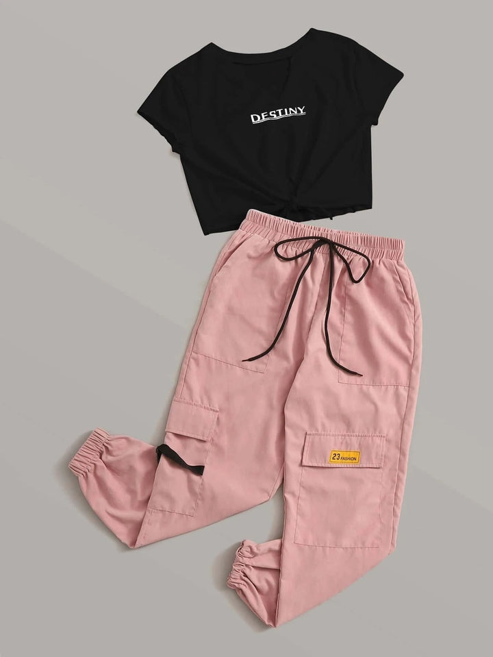 Graphic Tee And Drawstring Cargo Set