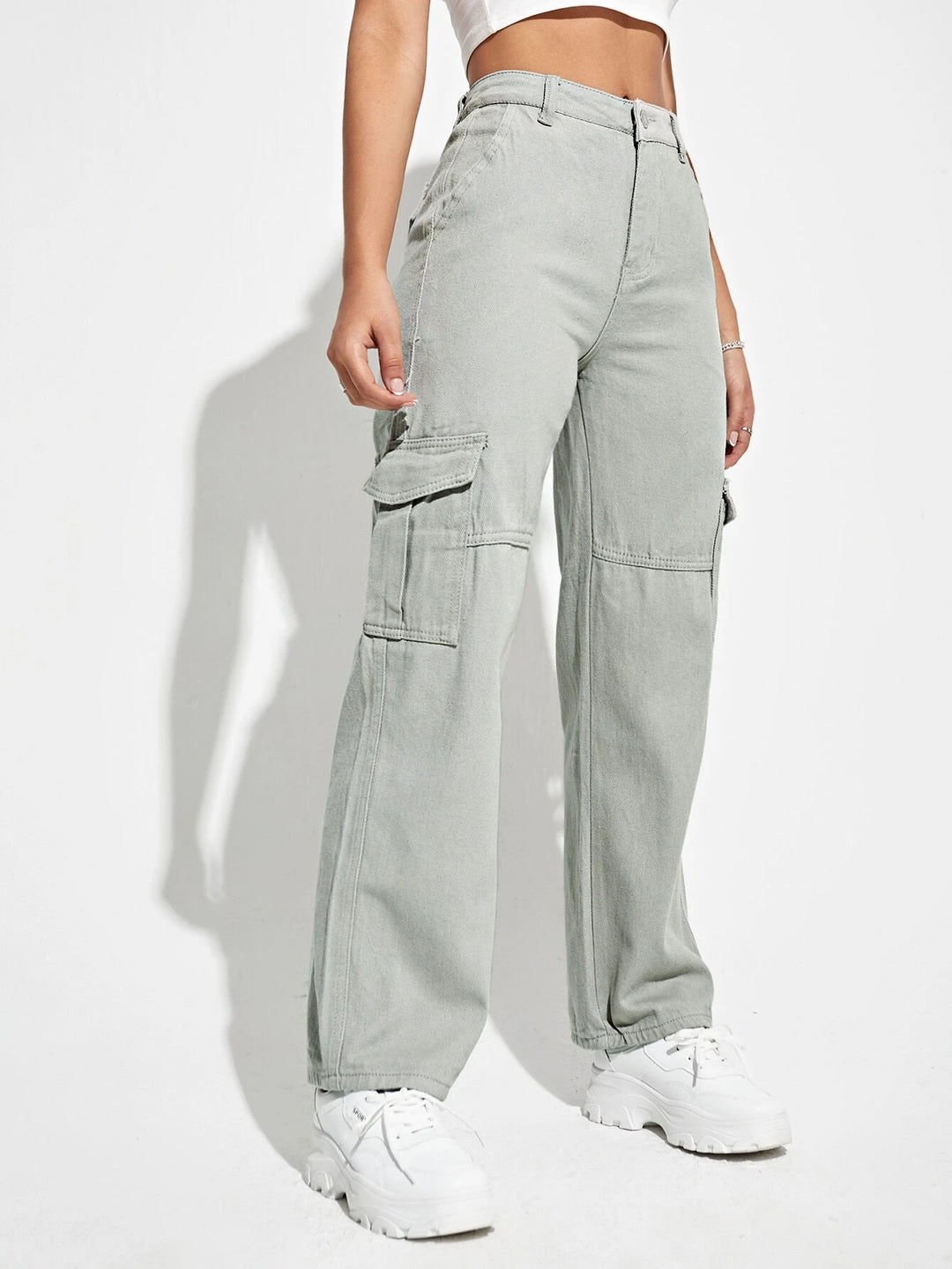 High Waist Flap Pockets Cargo Jean