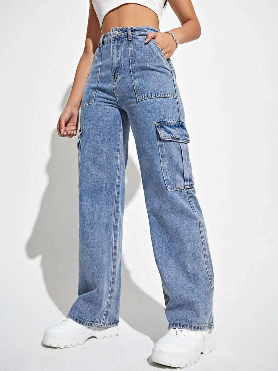 Denim High Waisted Flap Side Pocket Cargo Jeans