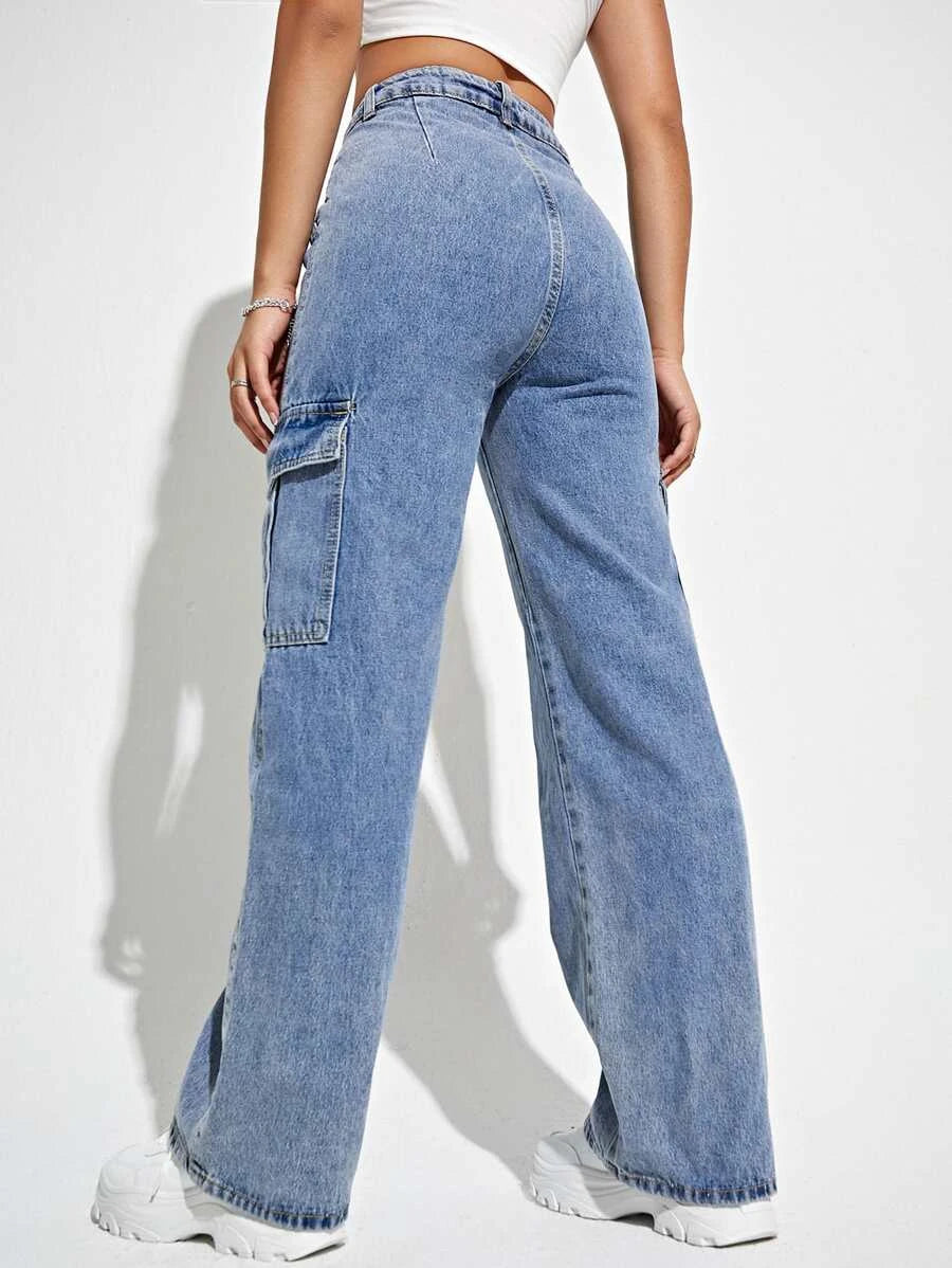 High Waisted Flap Side Pocket Cargo Jeans