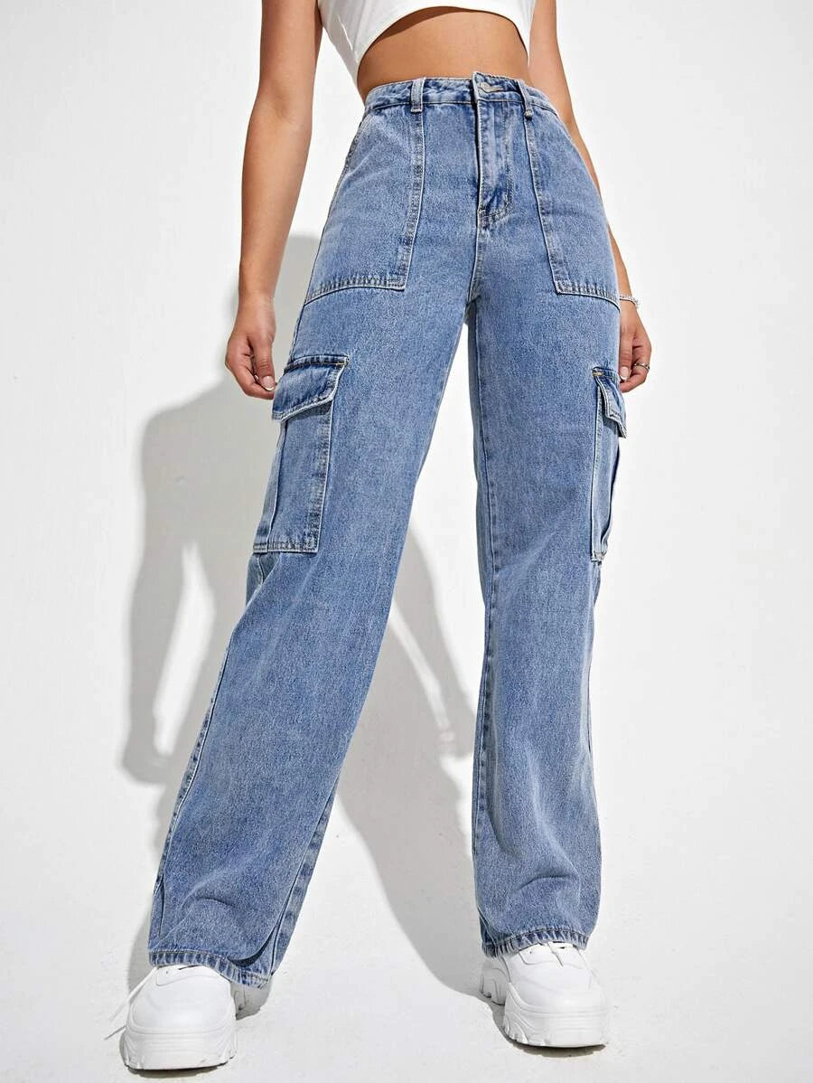 High Waisted Flap Side Pocket Cargo Jeans