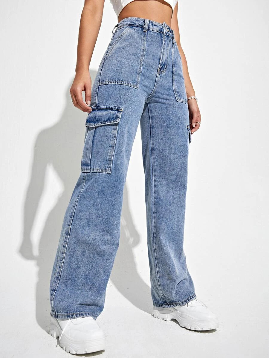 Denim High Waisted Flap Side Pocket Cargo Jeans