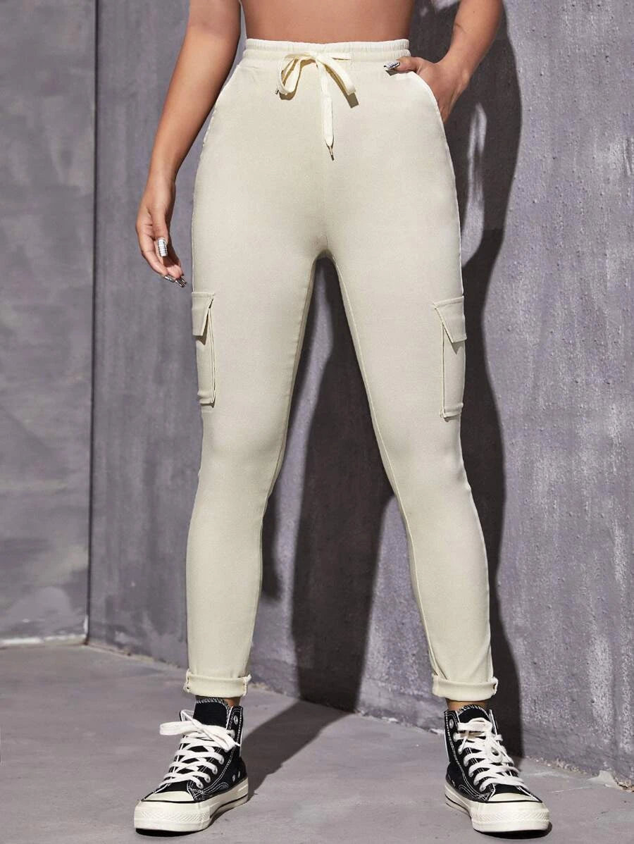 Drawstring Waist Flap Pocket Side Skinny Jeans