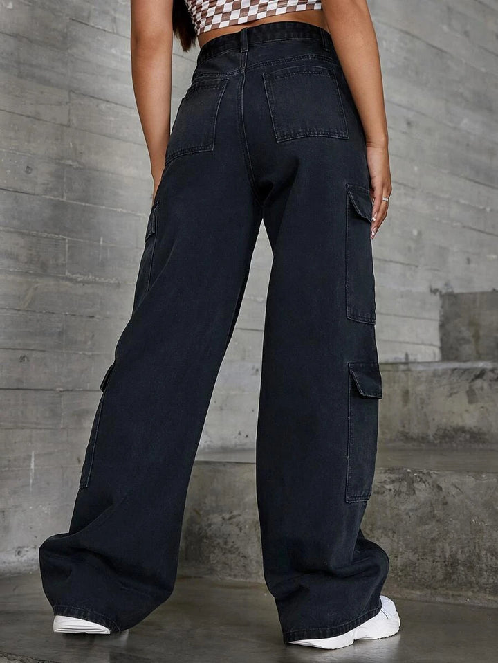 High Waist Zipper Fly Flap Pocket Cargo Jeans