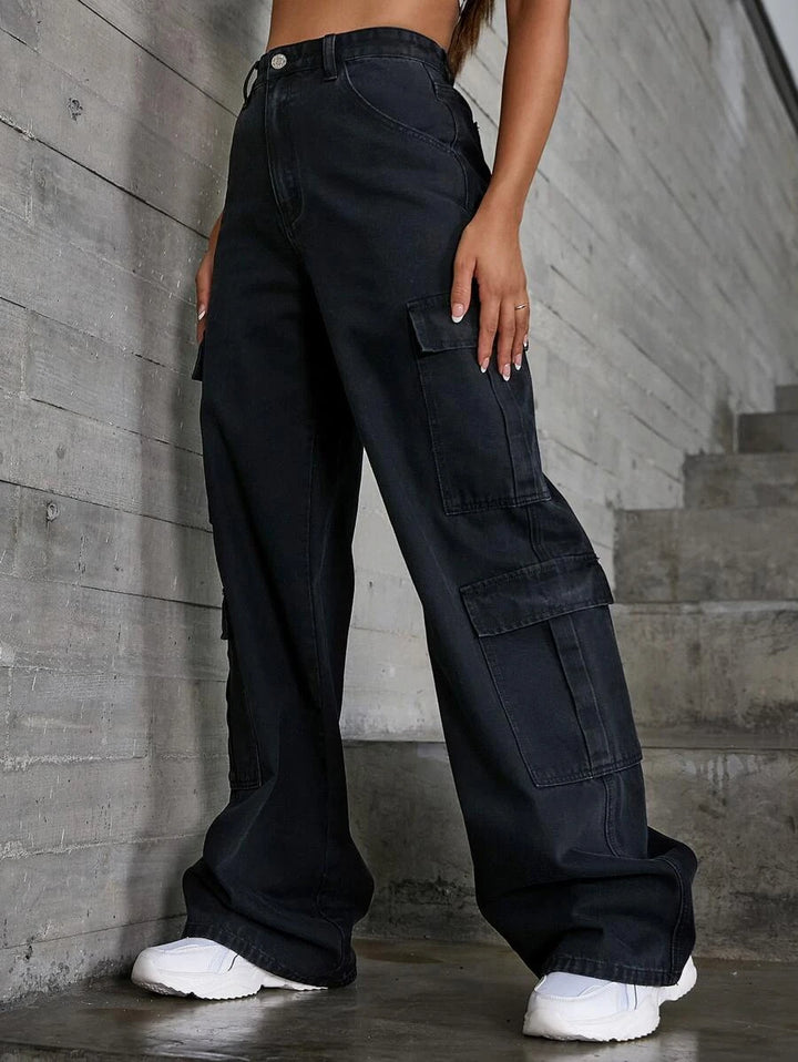 High Waist Zipper Fly Flap Pocket Cargo Jeans