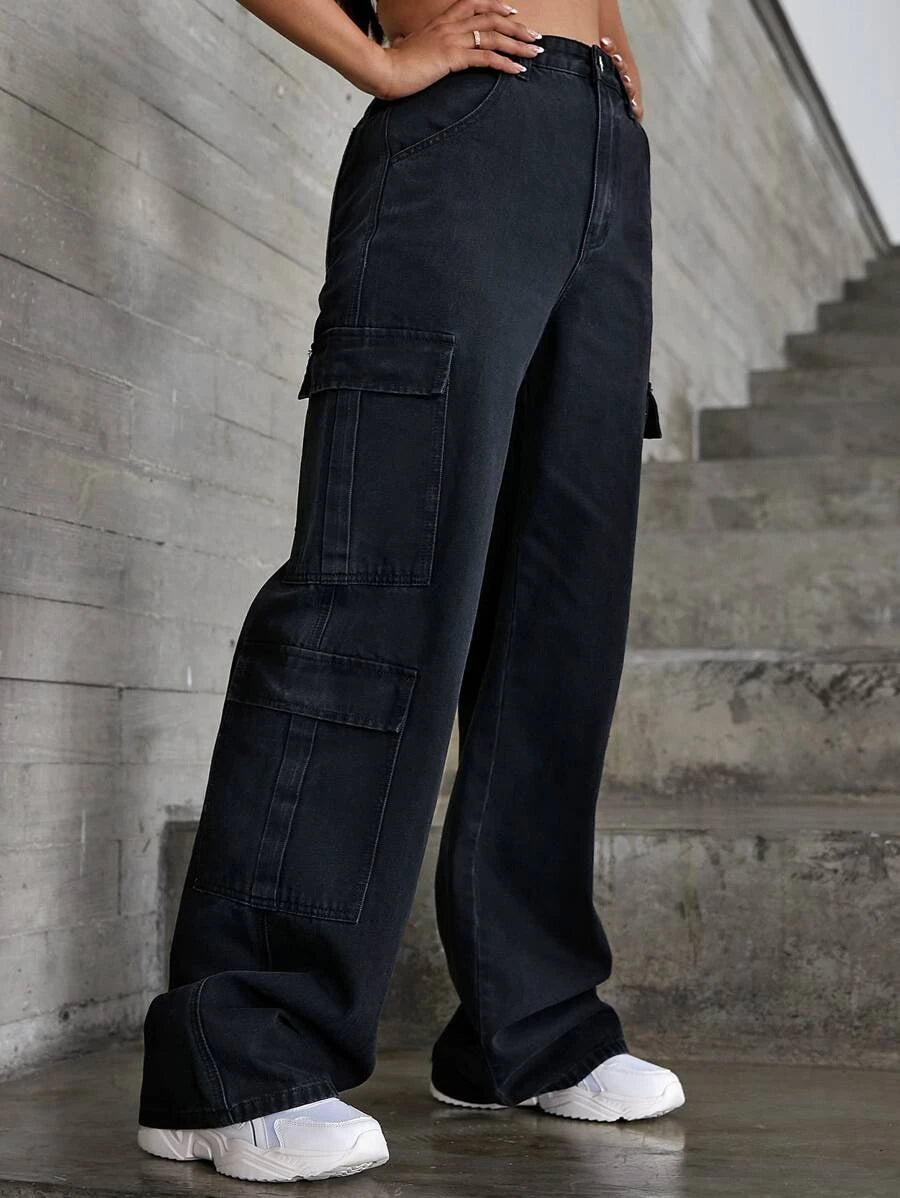 High Waist Zipper Fly Flap Pocket Cargo Jeans