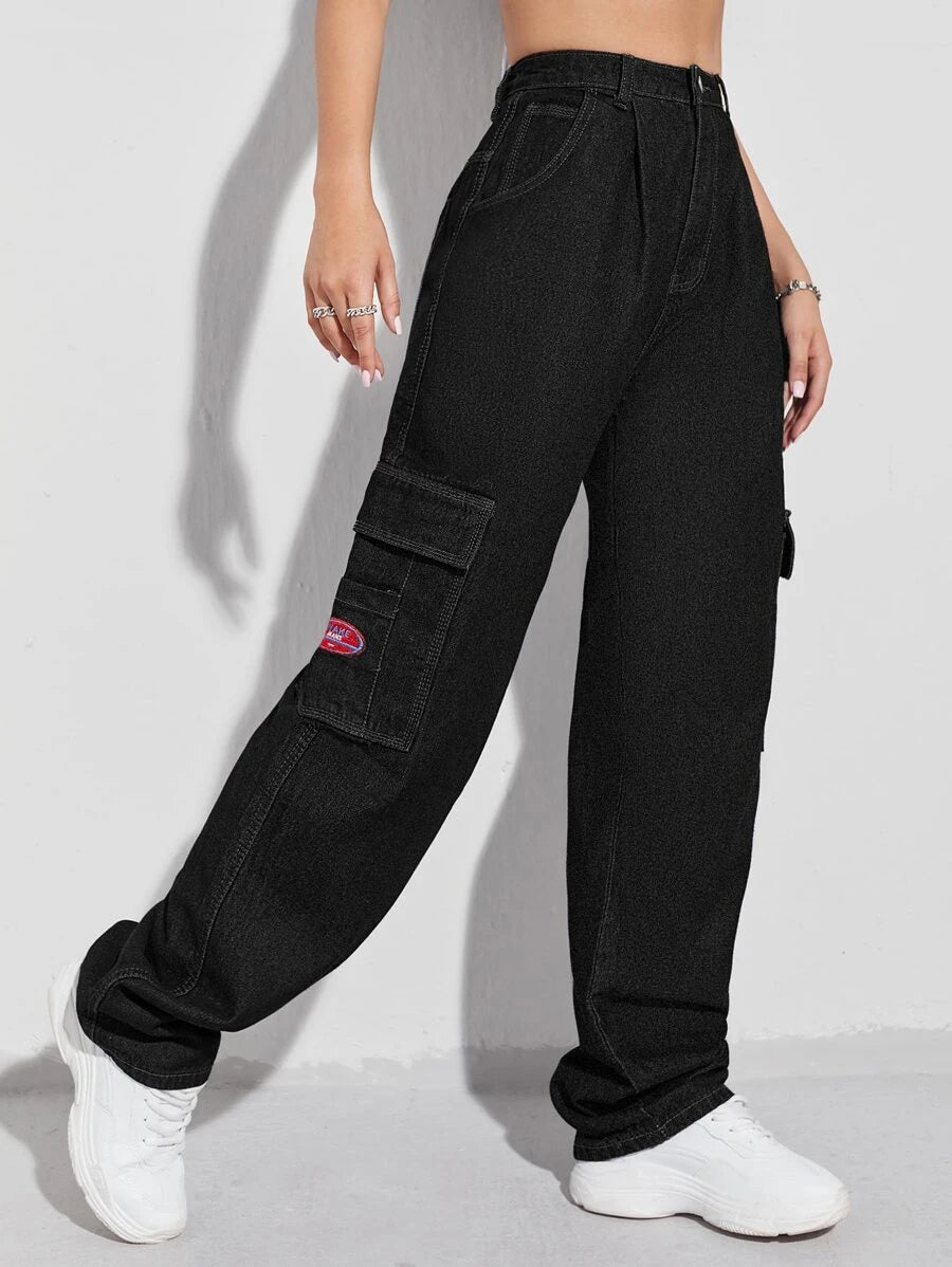 Denim High Waist Flap Pocket Wide Leg Jeans