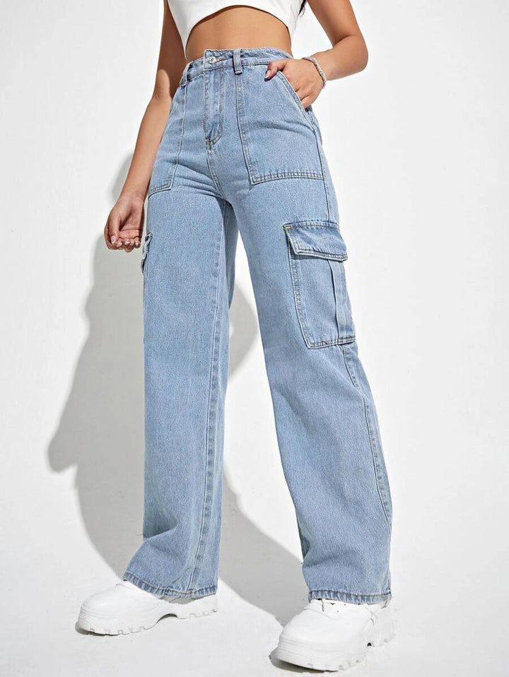 Denim High Waisted Flap Side Pocket Cargo Jeans