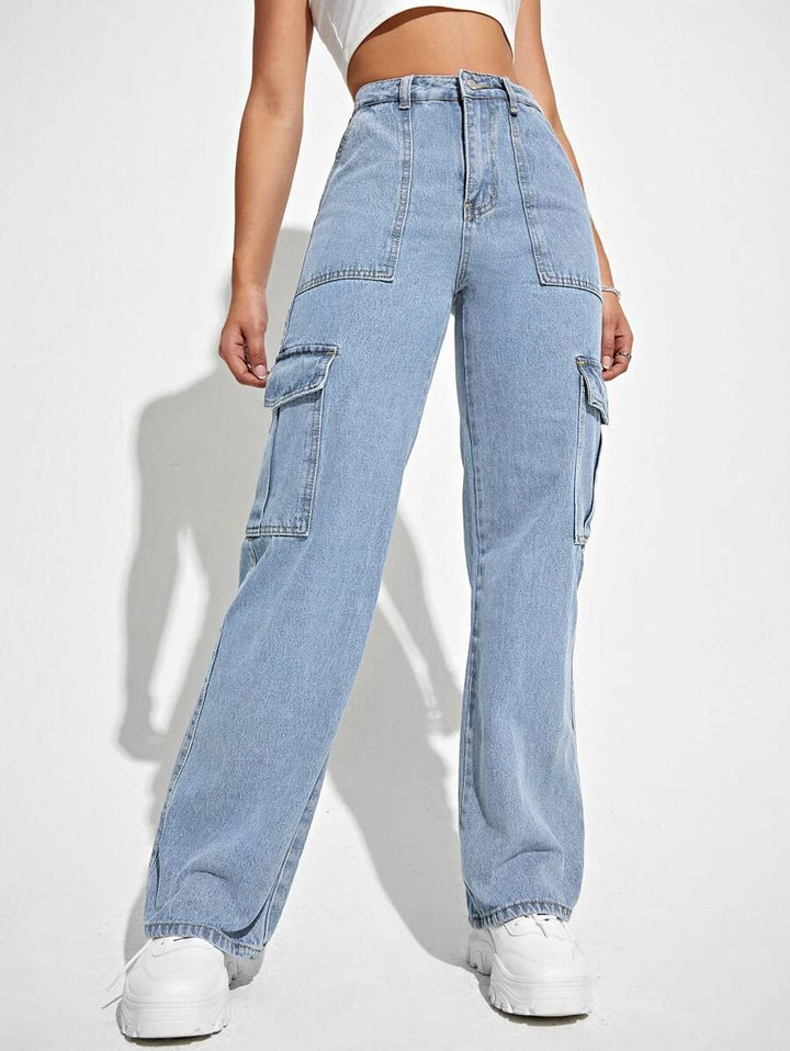 Denim High Waisted Flap Side Pocket Cargo Jeans