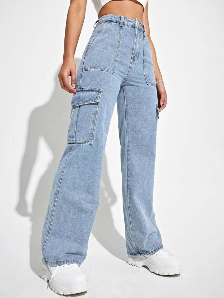 Denim High Waisted Flap Side Pocket Cargo Jeans