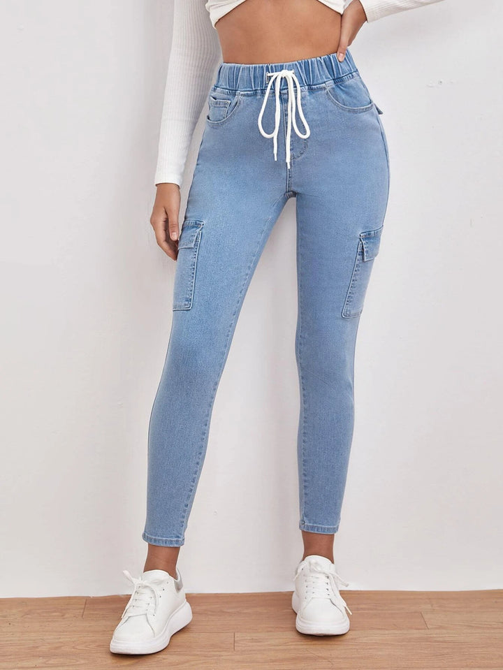 Drawstring Waist Flap Pocket Jean