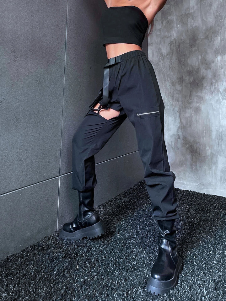 Flap Pocket Cut Out Buckled Cargo Pants