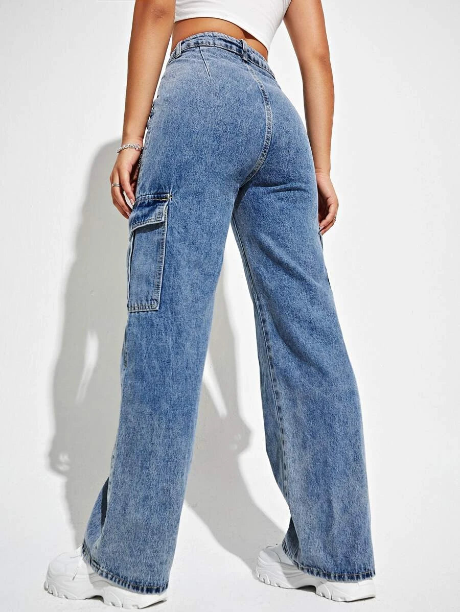 High Waisted Flap Side Pocket Cargo Jeans