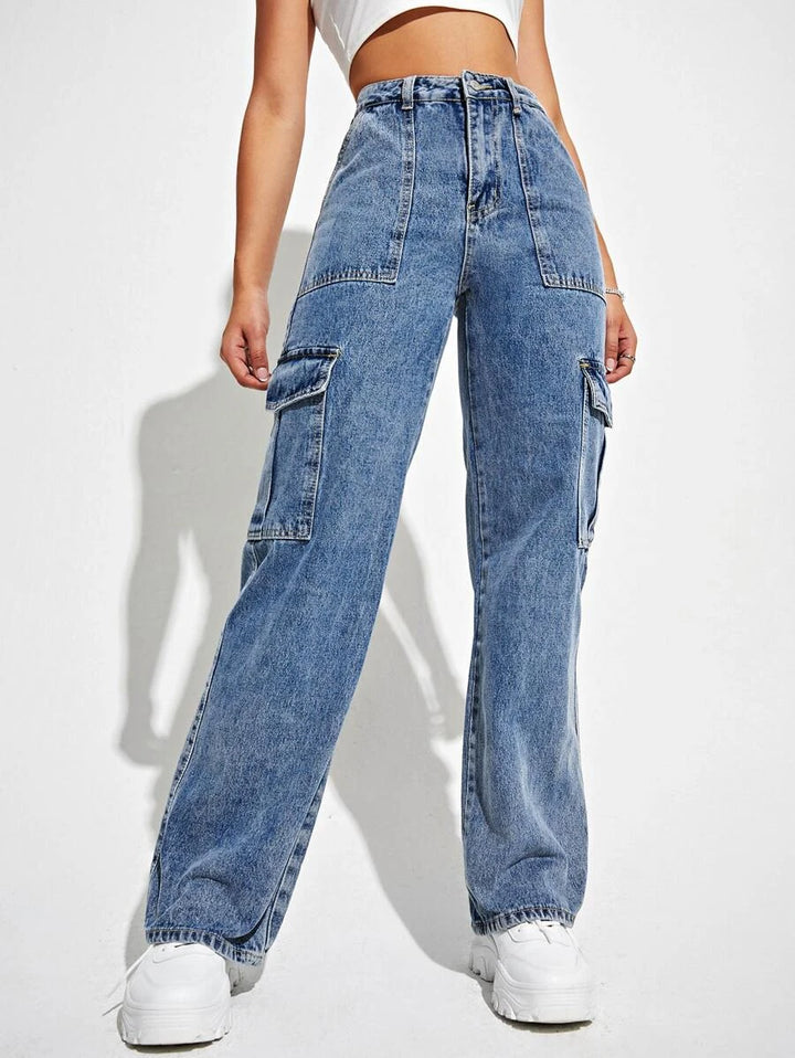 High Waisted Flap Side Pocket Cargo Jeans