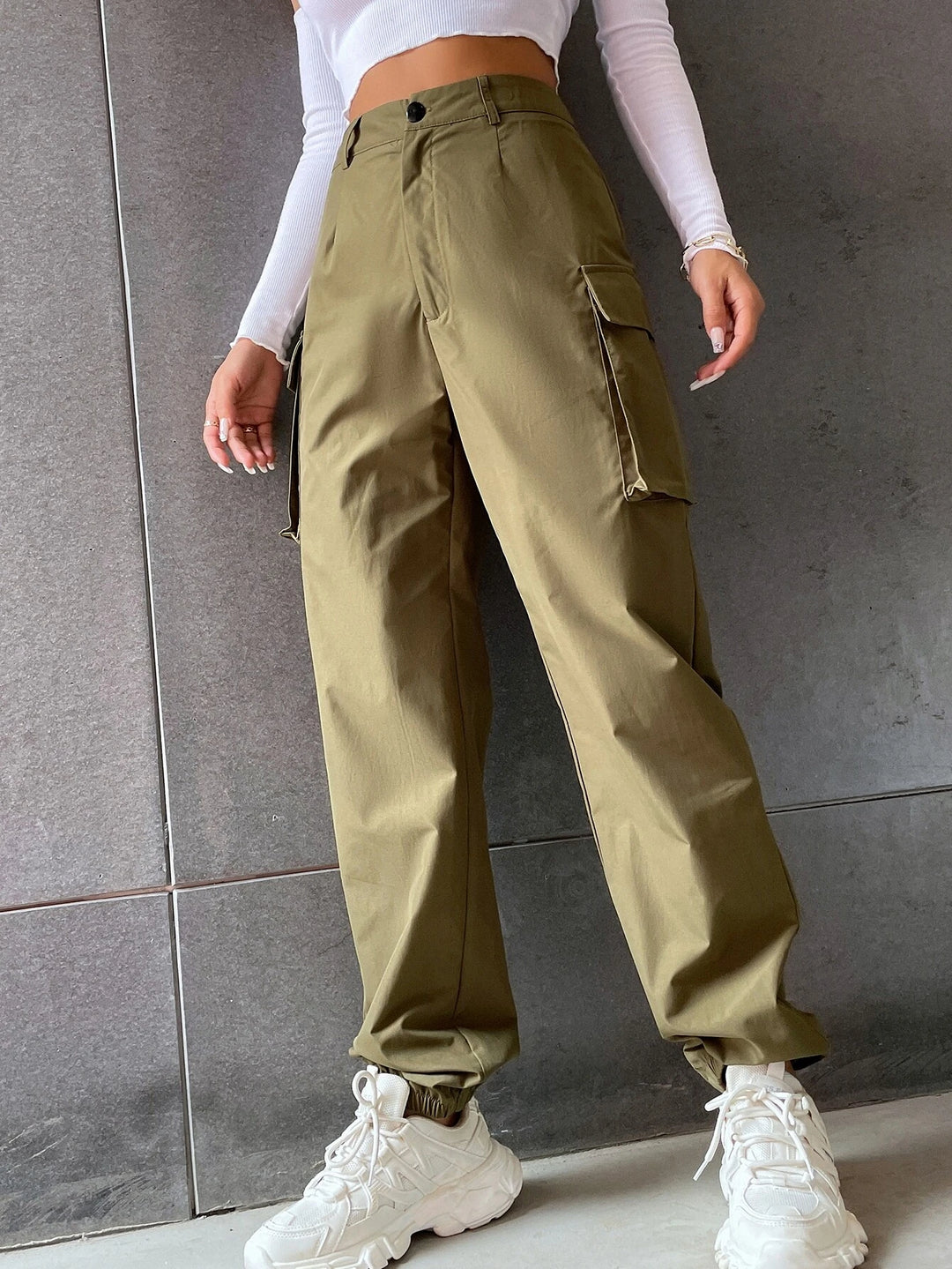 Flap Pocketed Pants In Solid Color