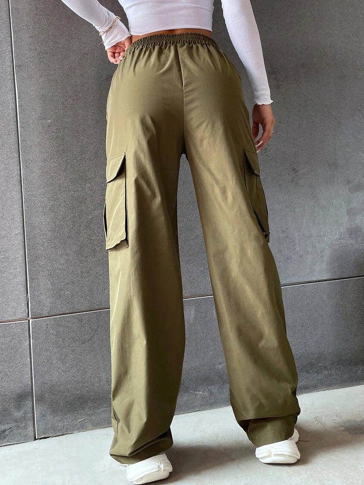 Solid Colored Flap Pocket Long Cargo Pants