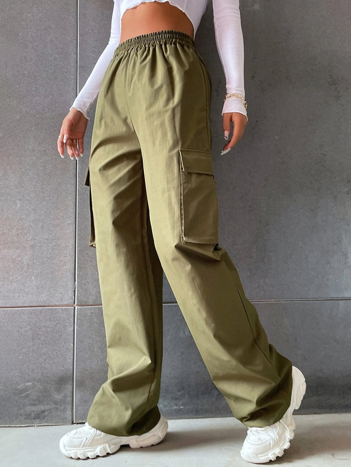 Solid Colored Flap Pocket Long Cargo Pants