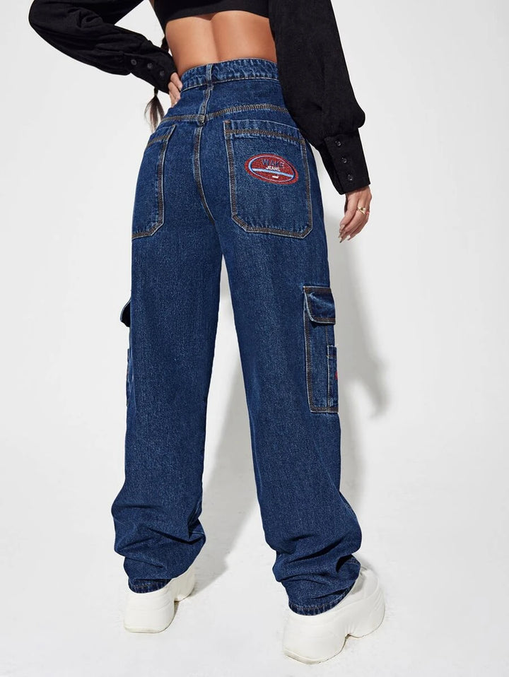 Denim High Waist Flap Pocket Wide Leg Jeans