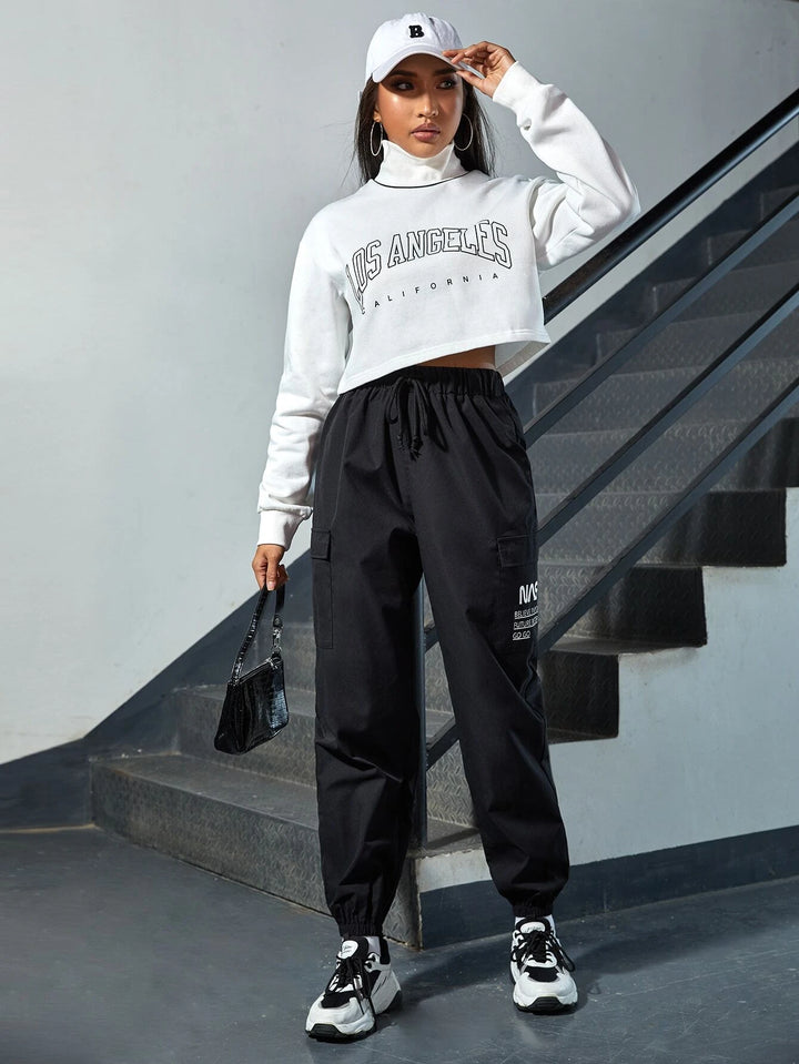 Slogan Graphic Flap Pocket Pants