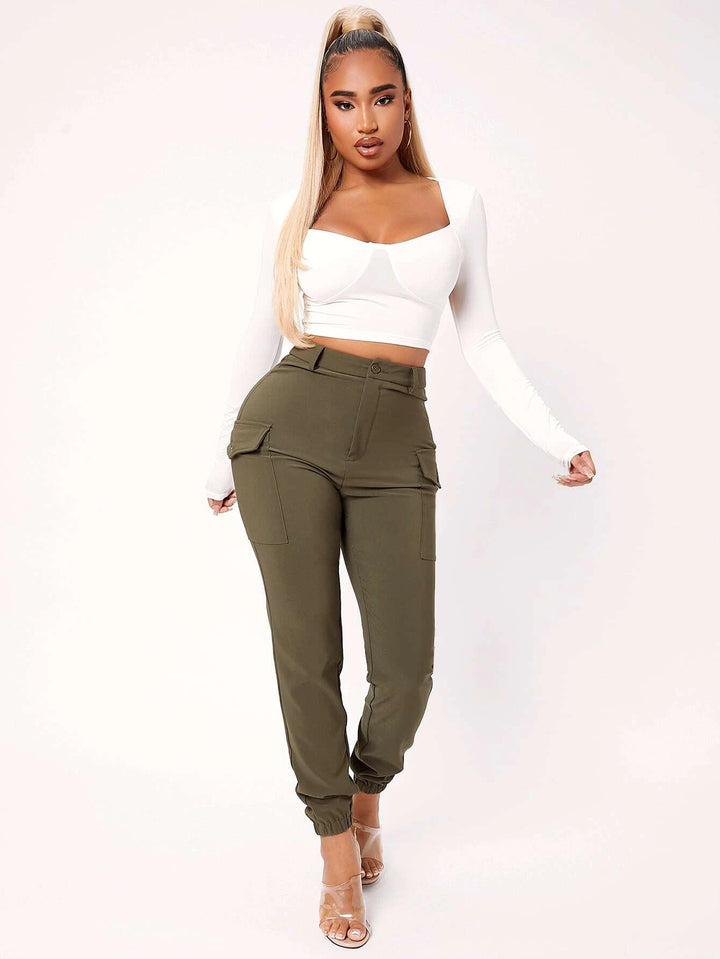 High Waist Flap Pocket Pants