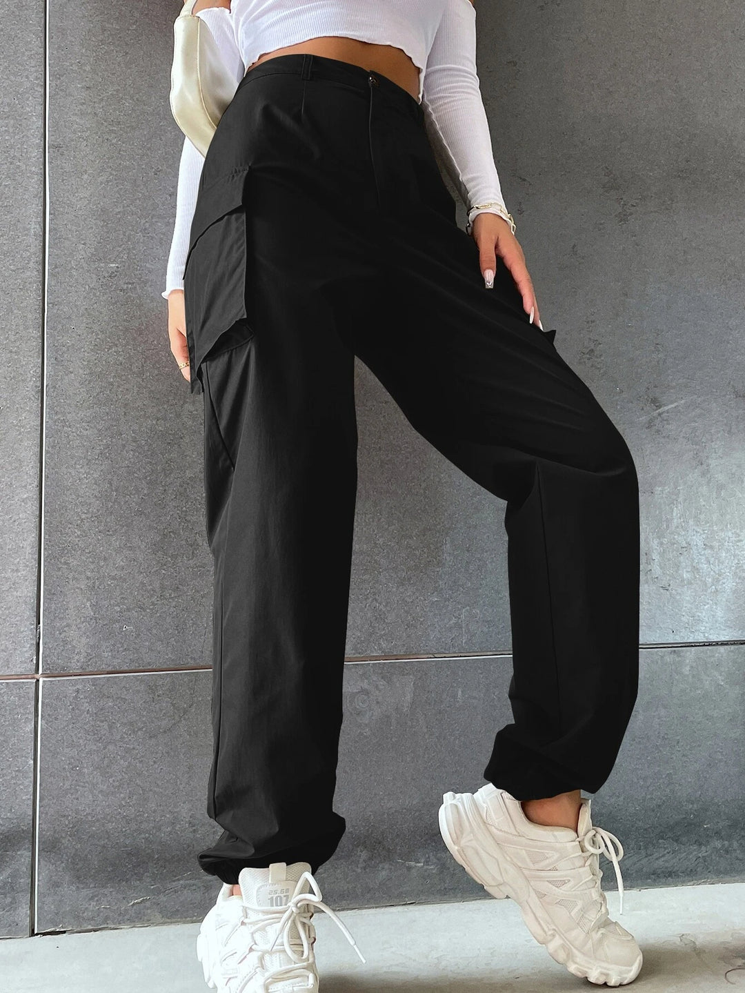 Flap Pocketed Pants In Solid Color