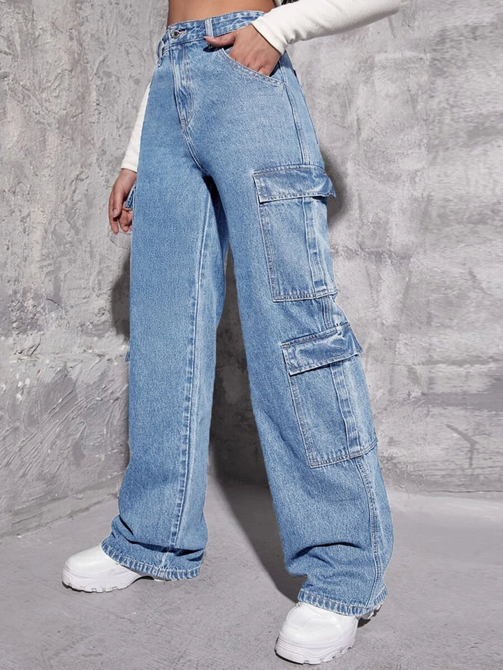 High Waist Zipper Fly Flap Pocket Cargo Jeans