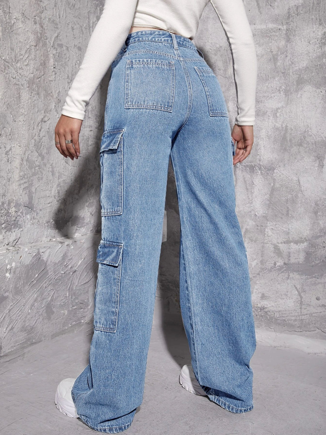 Plain Long Flap Pocket Cargo Jeans