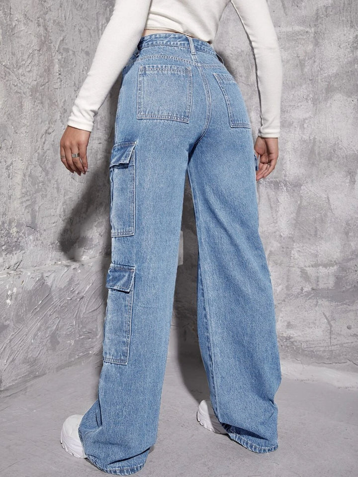 High Waist Zipper Fly Flap Pocket Cargo Jeans