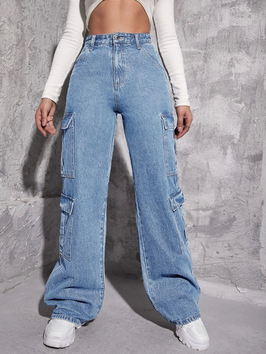 High Waist Zipper Fly Flap Pocket Cargo Jeans