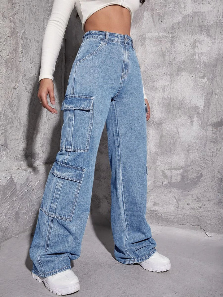 High Waist Zipper Fly Flap Pocket Cargo Jeans