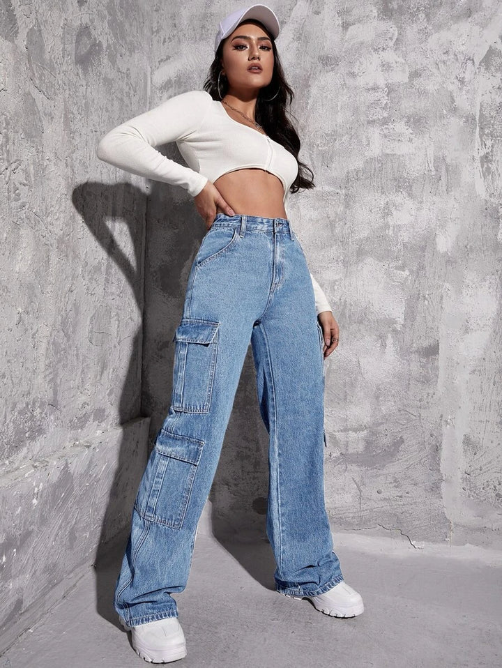 High Waist Zipper Fly Flap Pocket Cargo Jeans