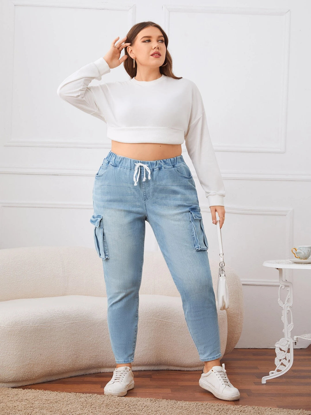 Drawstring Waist Flap Pocket Jeans