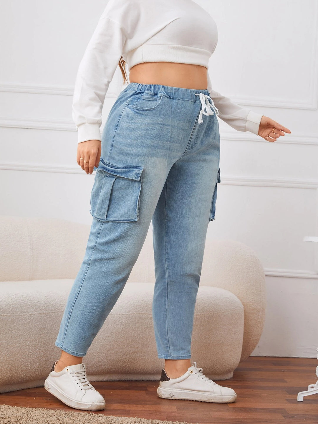 Drawstring Waist Flap Pocket Jeans