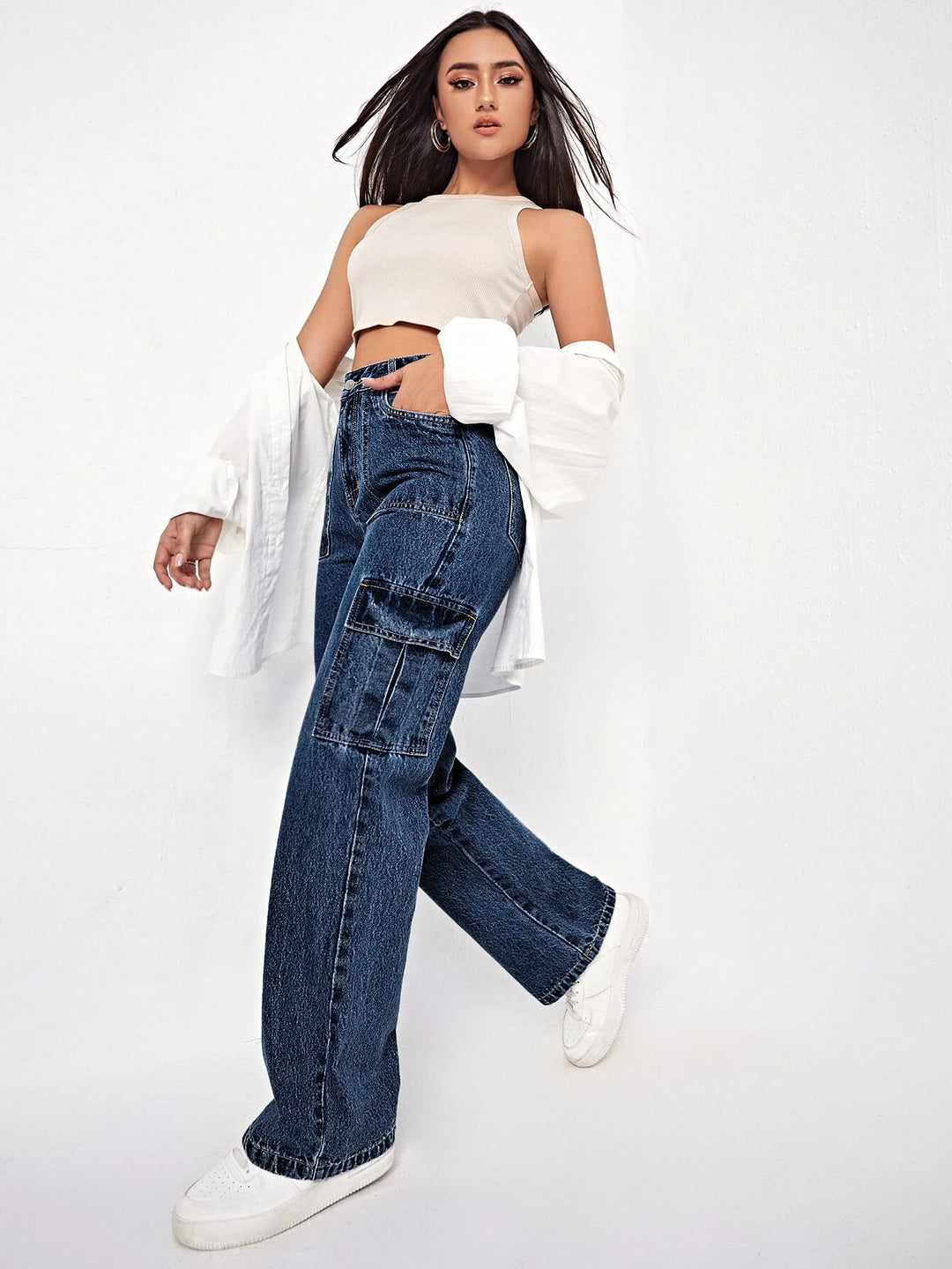 High Waist Button Cargo Jean