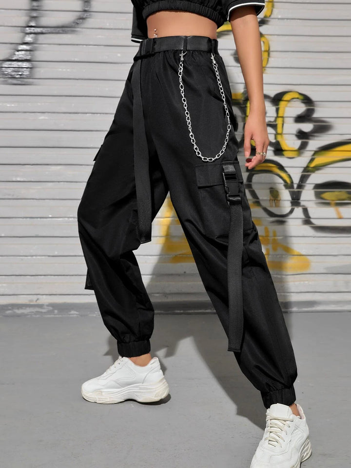 Chain Detail Buckled Belted Cargo Pant