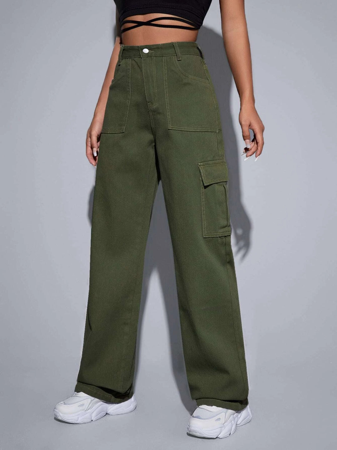 High Waist Button Cargo Jean