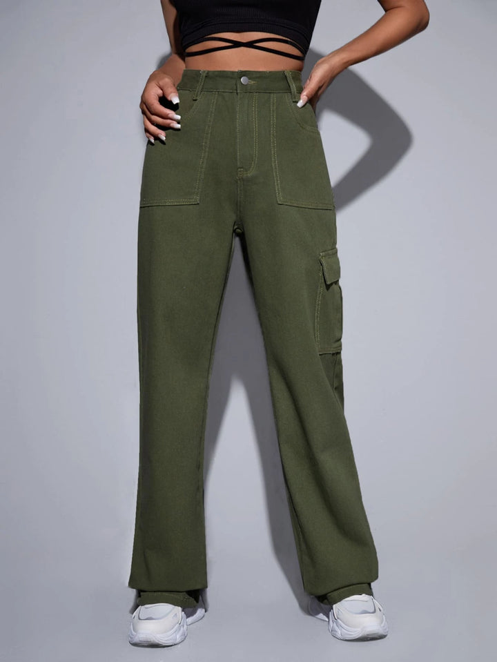 High Waist Button Cargo Jean