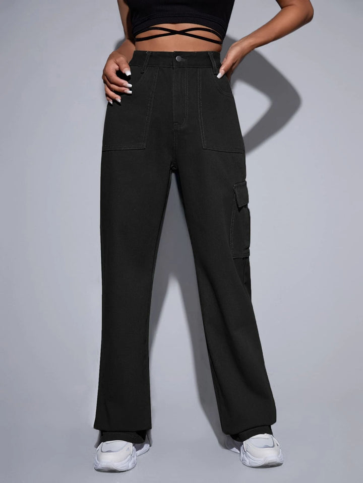 High Waist Button Cargo Jean