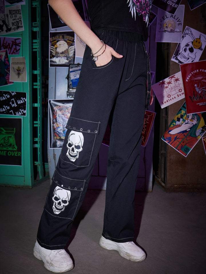 Graphic Print Grunge Punk Pocket Pants