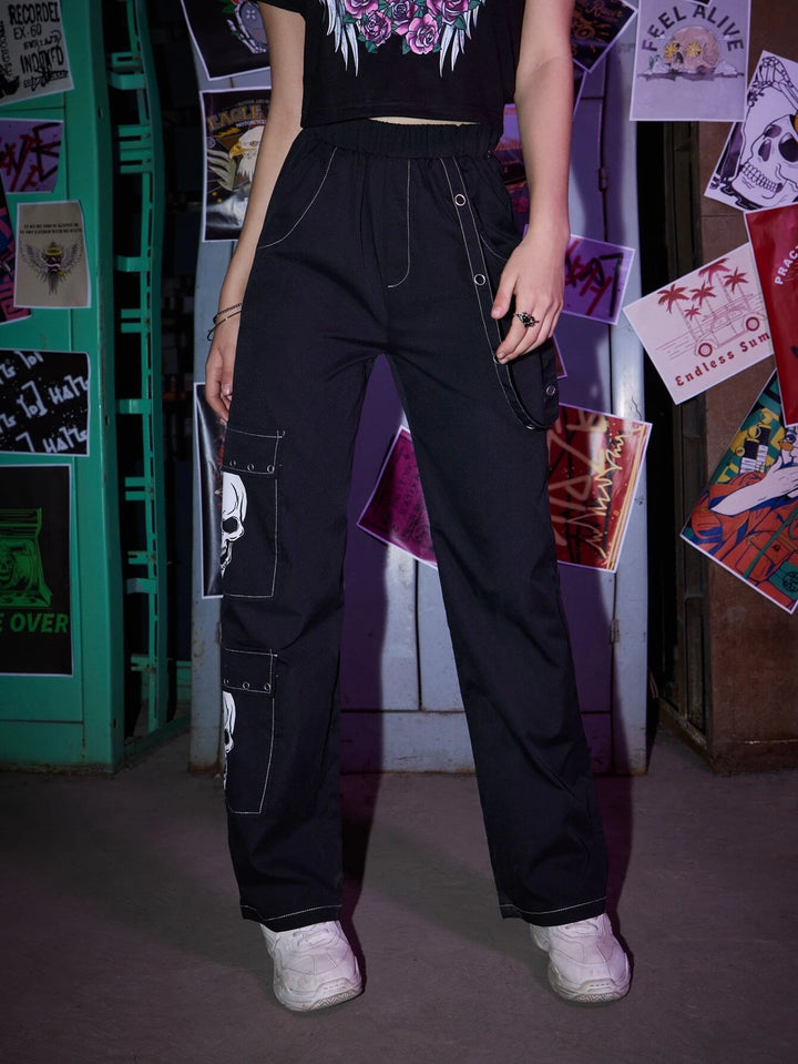 Graphic Print Grunge Punk Pocket Pants